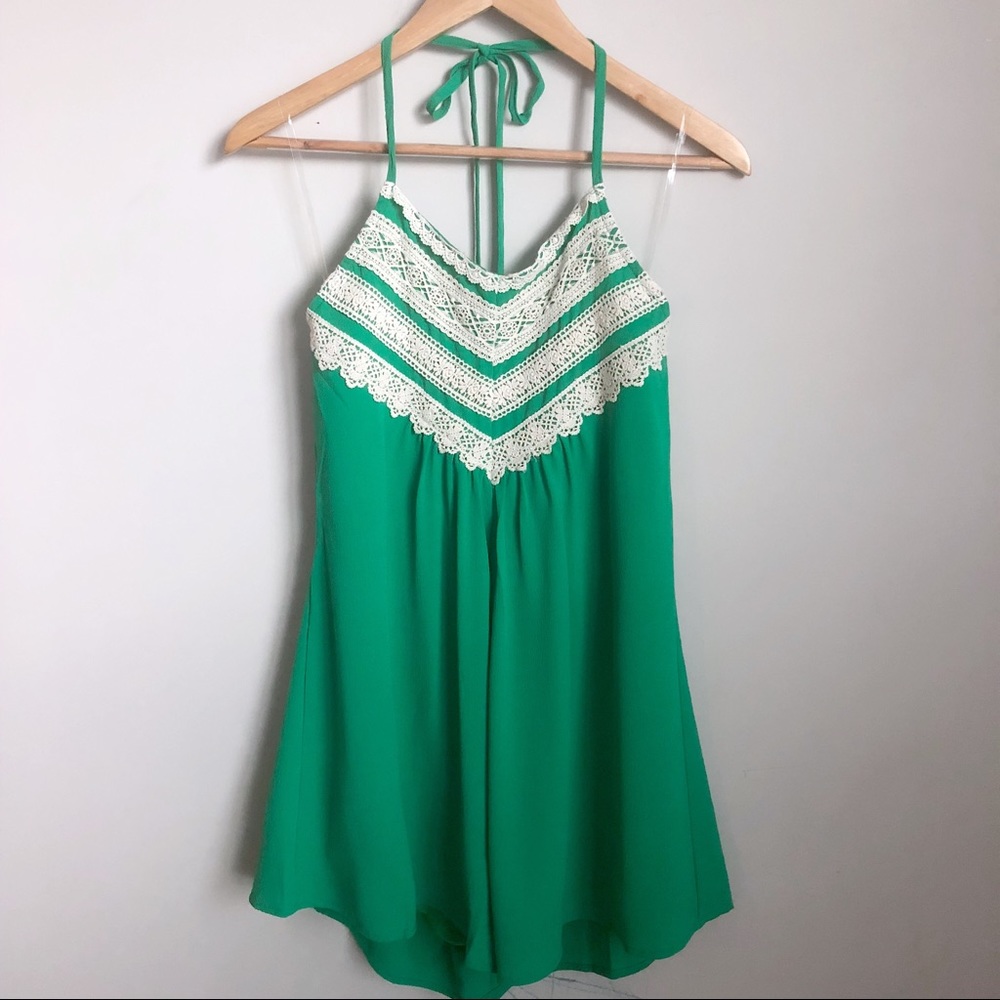 Illa Illa crochet trim green halter romper